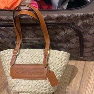 Coach Woven Tote with Brown Leather Accents
